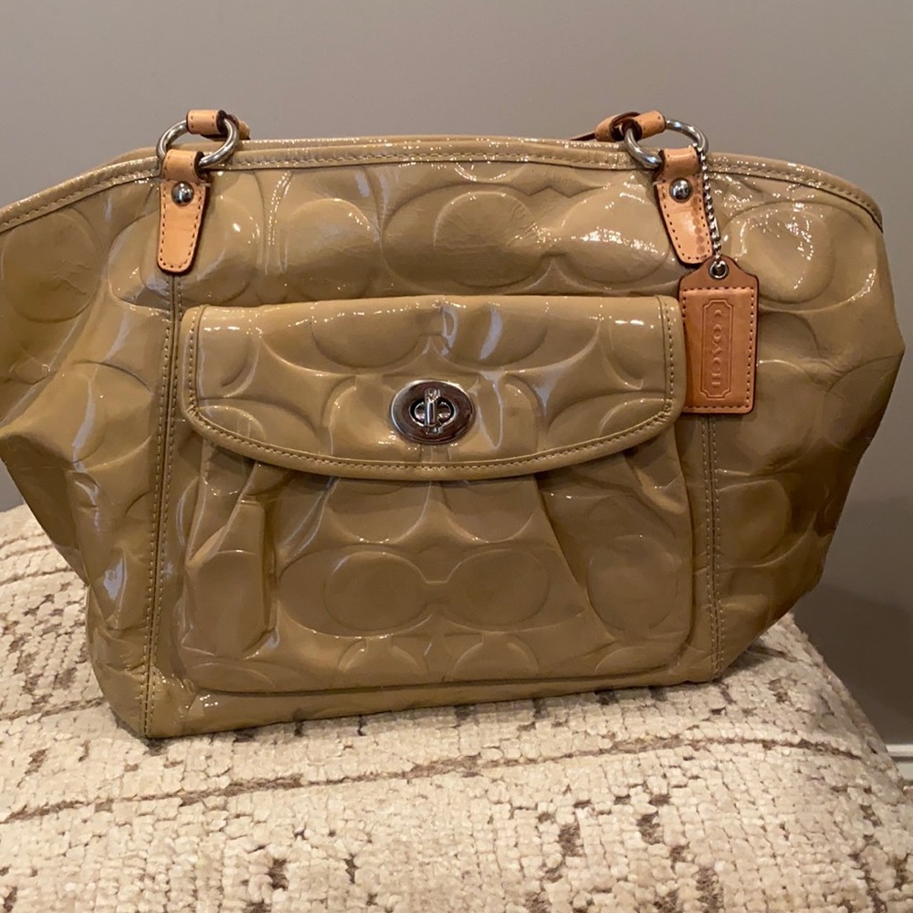 Coach Patent Tan Leather Pocket Shoulder Bag Tote